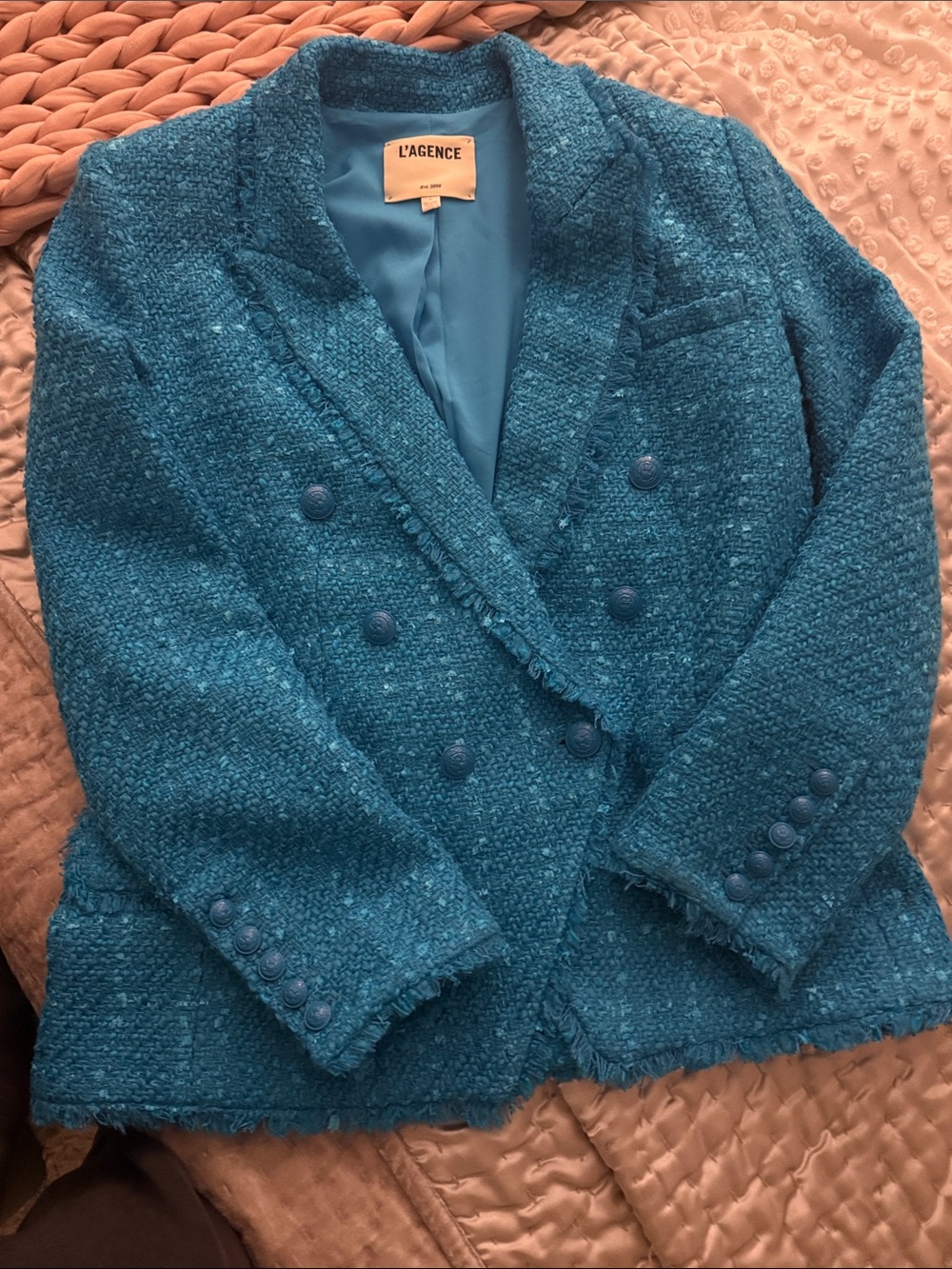 L'AGENCE Kenzie Teal Bouclé Double-Breasted Blazer